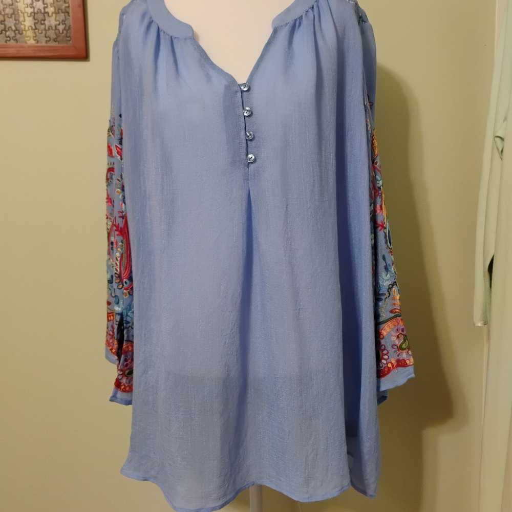 Zac & Rachel Light Blue Boho Peasant Blouse w/ Embroidered Floral Sleeves